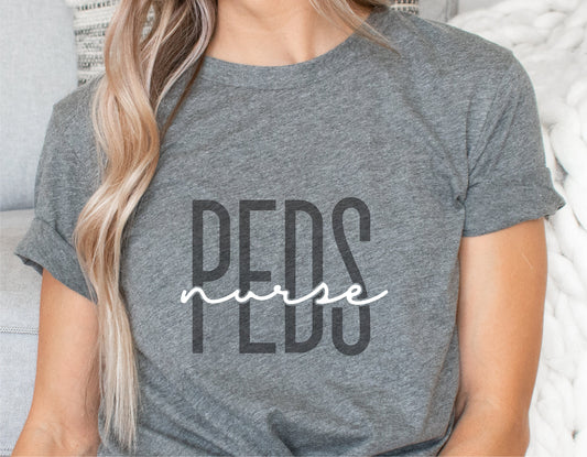 Gray t-shirt with 'PEDS Nurse' design, ideal for pediatric nurses. Features modern typography, perfect for Cricut and Silhouette crafting.