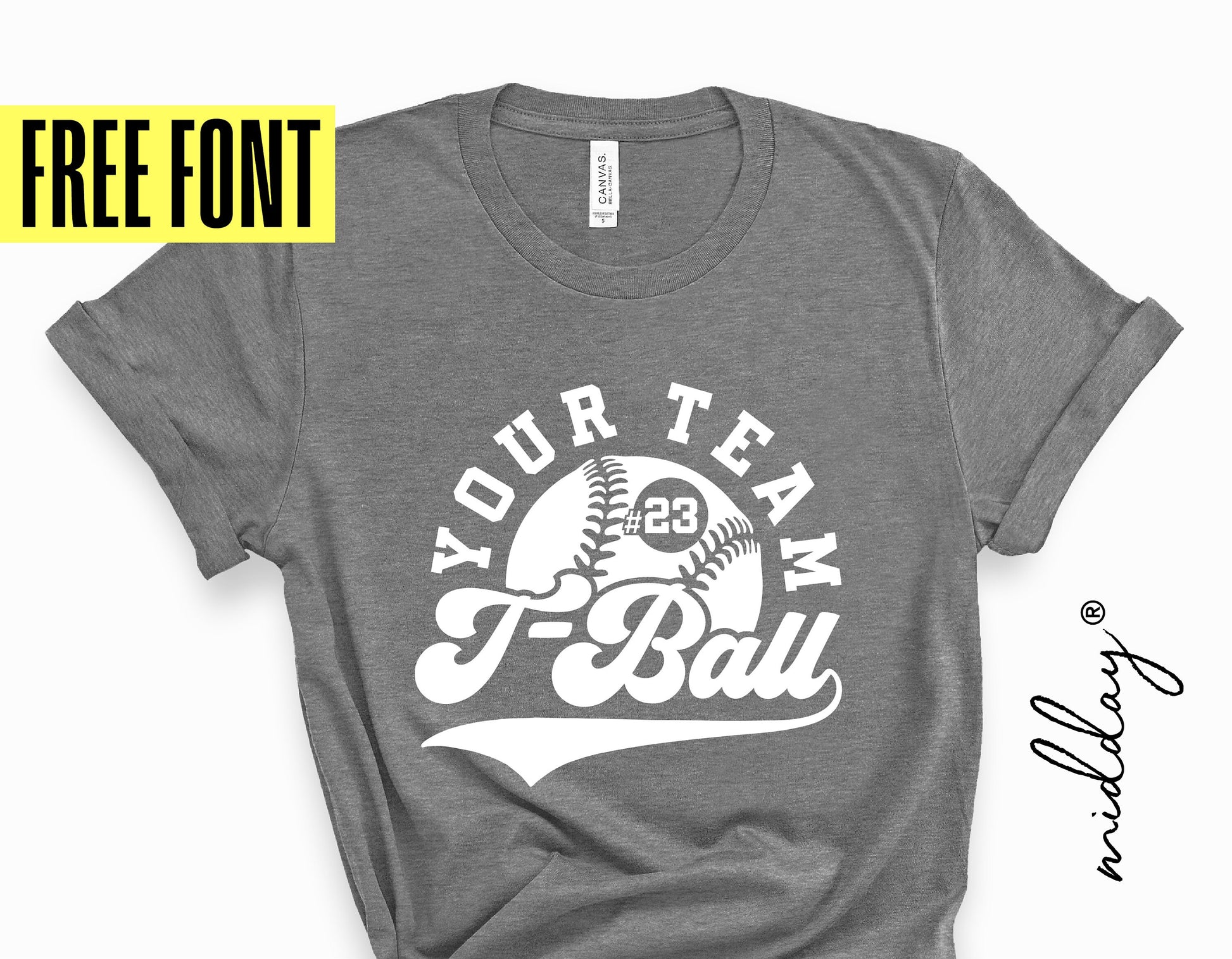 Gray T-Ball Mom shirt with customizable team design, t-ball graphics, and free font offer, ideal for Cricut and Silhouette users.