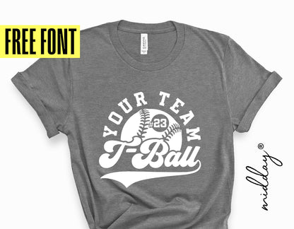 Gray T-Ball Mom shirt with customizable team design, t-ball graphics, and free font offer, ideal for Cricut and Silhouette users.