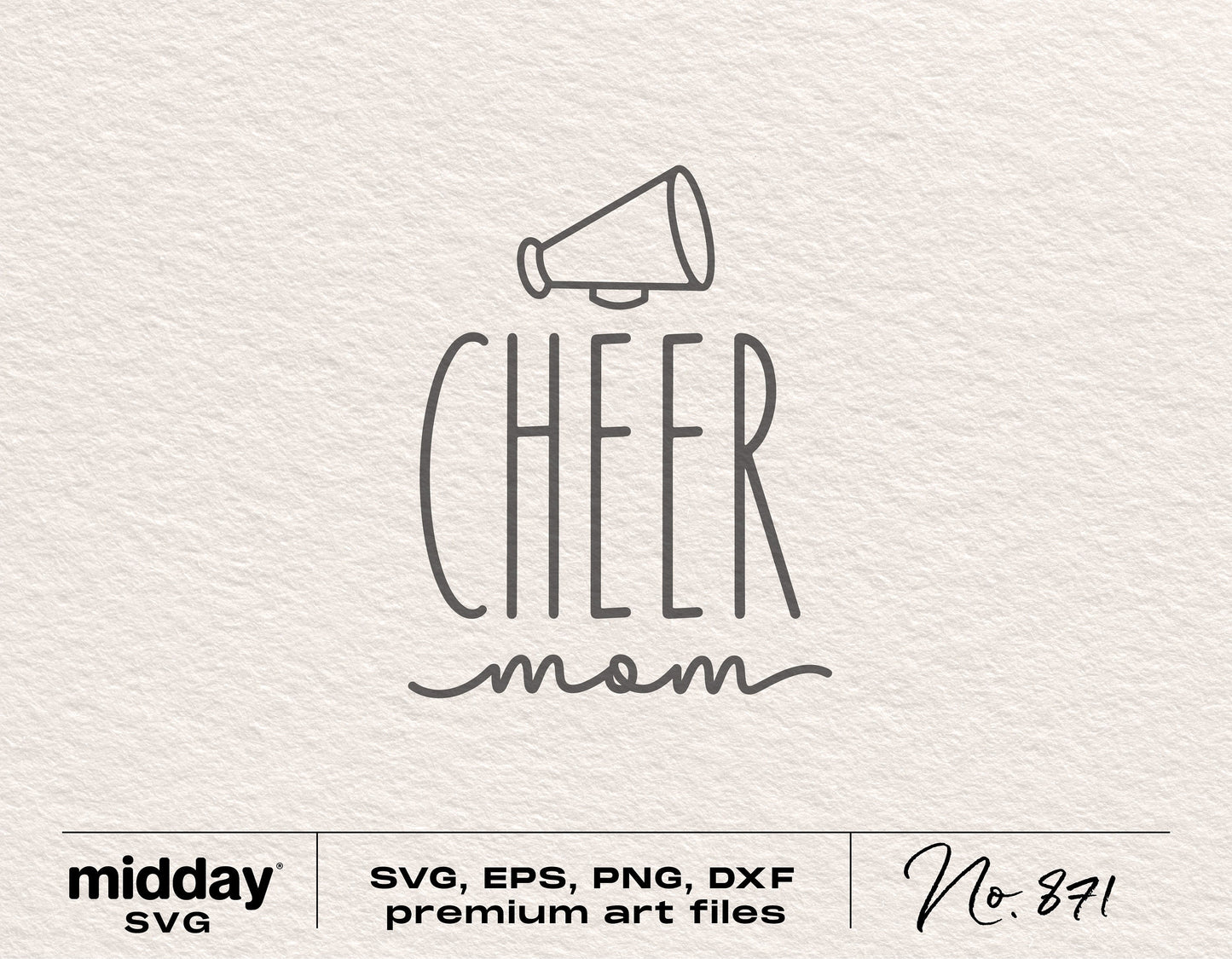 Cheer Mom SVG design with megaphone, available in SVG, EPS, PNG, DXF formats for crafting with Cricut and Silhouette.