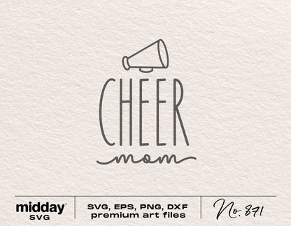 Cheer Mom SVG design with megaphone, available in SVG, EPS, PNG, DXF formats for crafting with Cricut and Silhouette.
