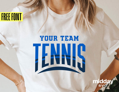 White t-shirt featuring 'Your Team Tennis' design in blue, perfect for Cricut and Silhouette projects, includes free font offer.