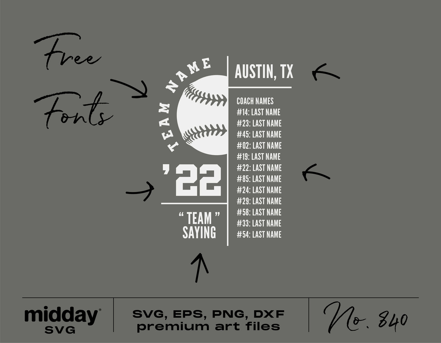 Tball team roster template with customizable names and numbers in SVG, PNG, EPS formats, featuring a baseball design and editable text.