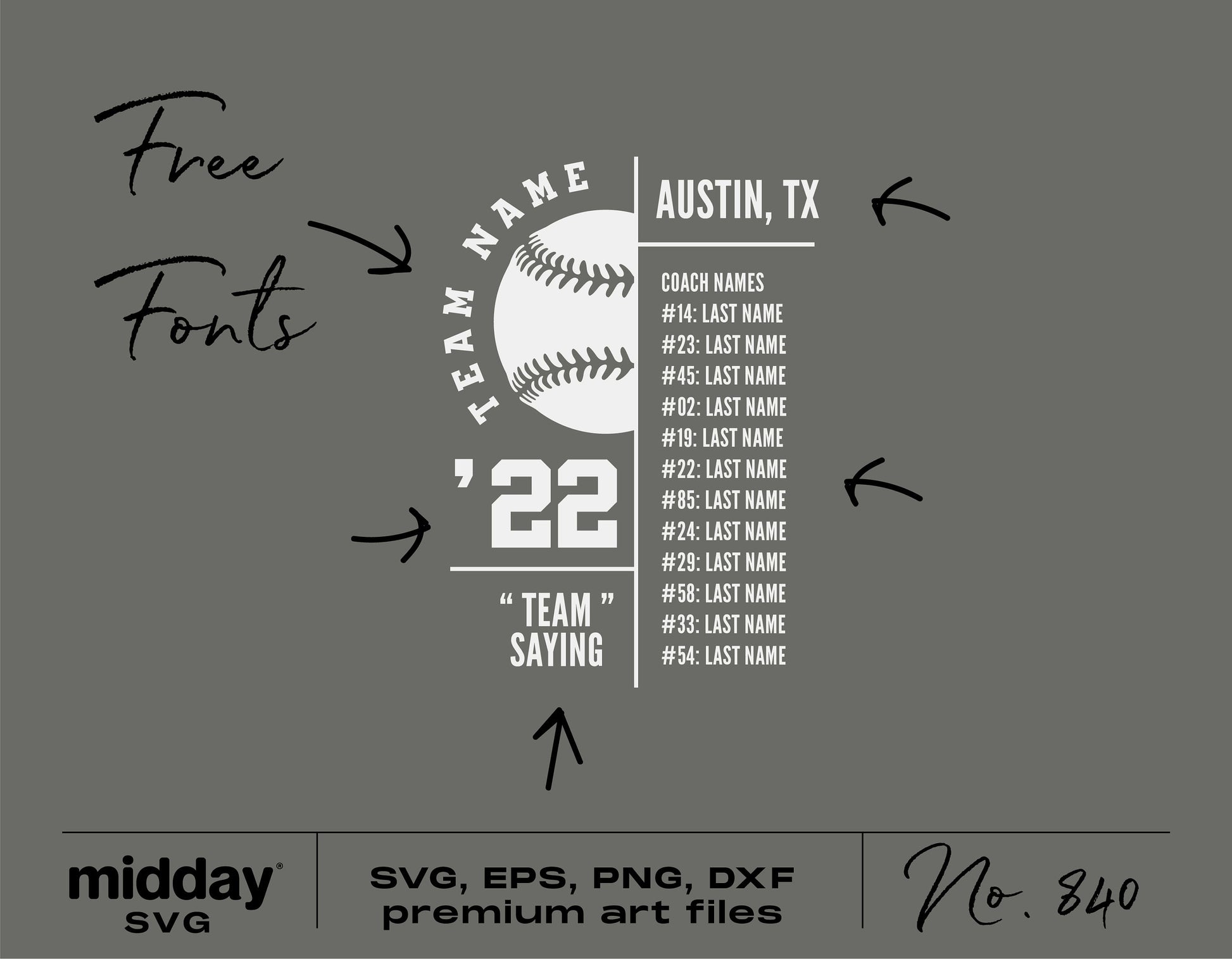 Tball team roster template with customizable names and numbers in SVG, PNG, EPS formats, featuring a baseball design and editable text.