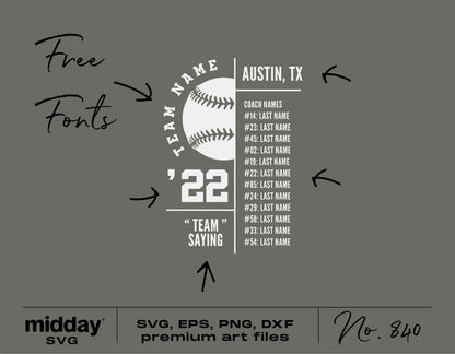 Tball team roster template with customizable names and numbers in SVG, PNG, EPS formats, featuring a baseball design and editable text.