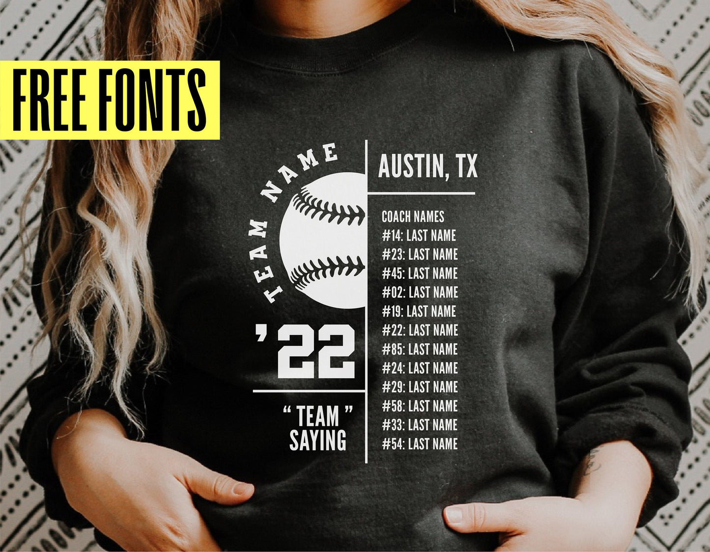 Person wearing T-ball team shirt featuring customizable roster design, baseball graphic, and free fonts offer for Cricut cutting files.