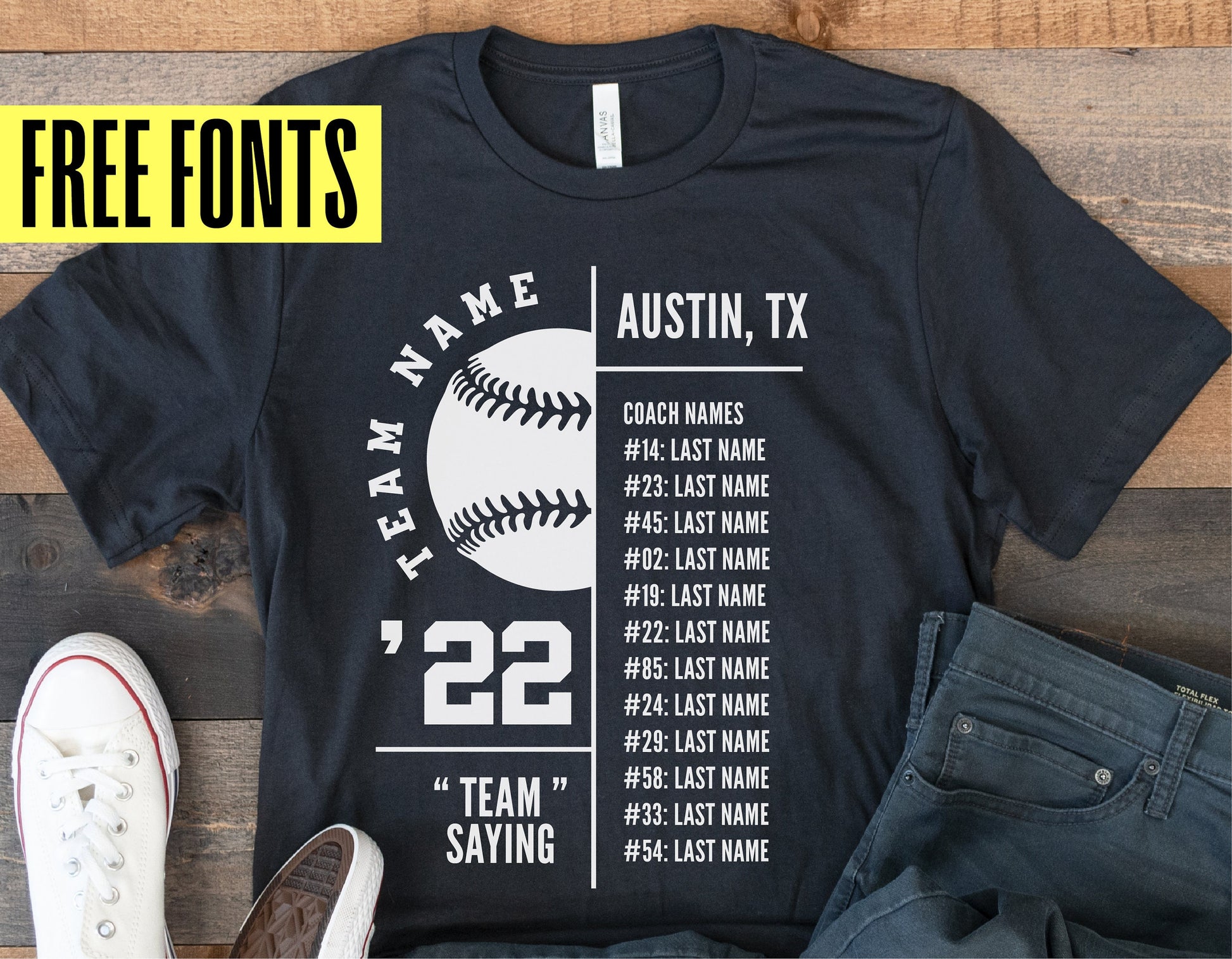 T-ball team roster shirt with customizable names and numbers, featuring baseball graphics and free fonts.