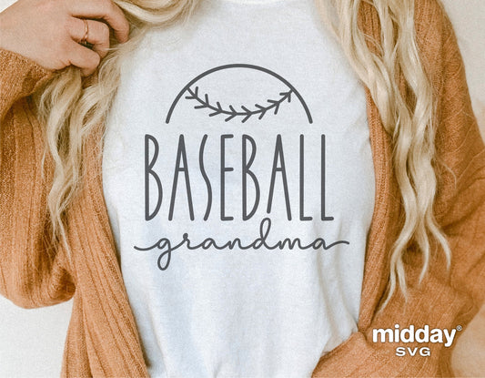 Baseball Grandma SVG design on a white shirt, perfect for Cricut and Silhouette projects, featuring script text and baseball graphic.