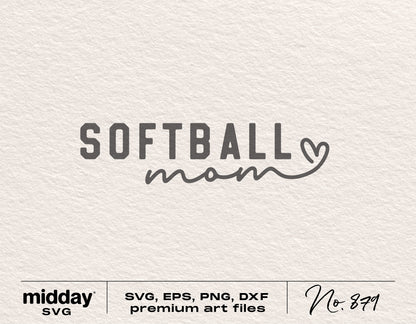 Softball Mom SVG design for Cricut and Silhouette featuring a stylish text and heart icon. Ideal for DIY shirts and crafts.
