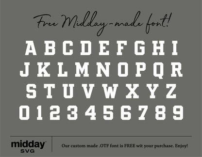 Free Midday-made font showing alphabet and numbers in bold style, available with purchase from Midday SVG.