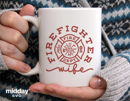 White mug with 'Firefighter Wife' text and firefighter badge graphic, held by hands in cozy sweater, ideal for SVG Cricut projects.