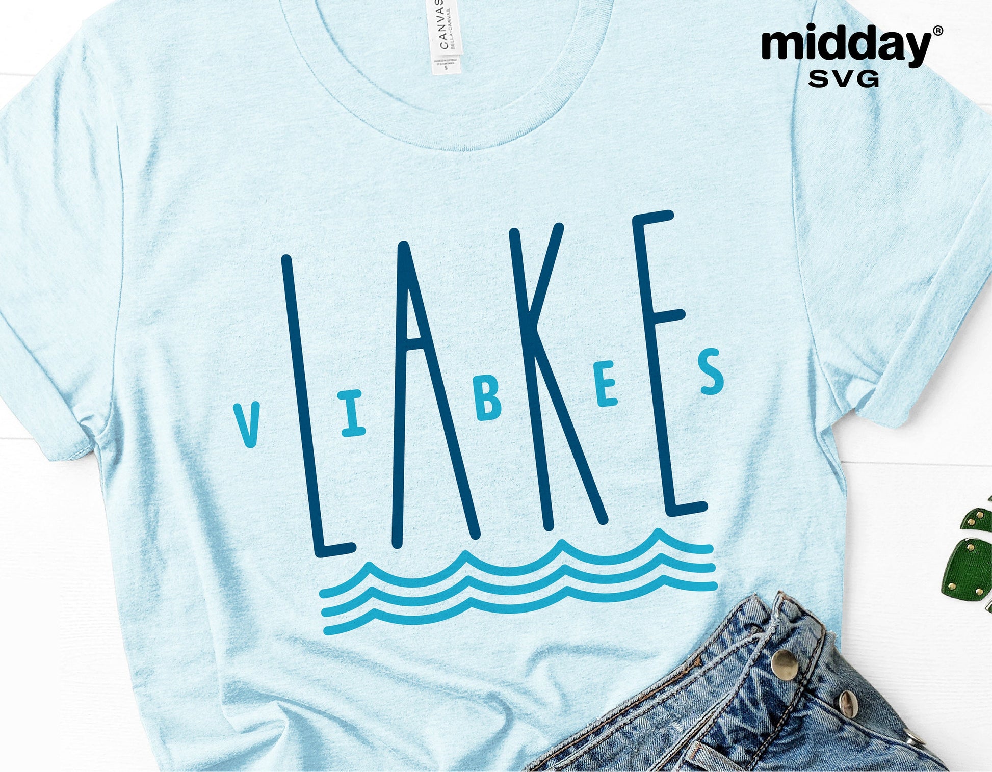 Light blue t-shirt with 'Lake Vibes' design, ideal for lake vacation, camping, or summer wear, compatible with Cricut and Silhouette.
