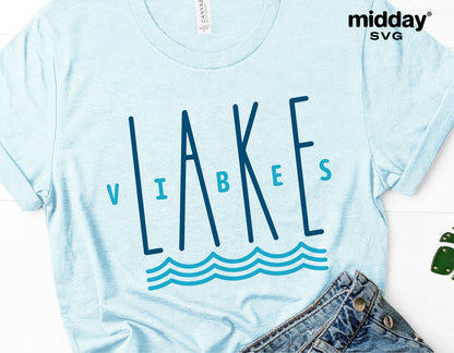 Light blue t-shirt with 'Lake Vibes' design, ideal for lake vacation, camping, or summer wear, compatible with Cricut and Silhouette.