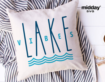 Lake Vibes pillow with blue text design, perfect for lakehouse decor and summer vibes.
