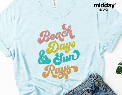 Light blue t-shirt with 'Beach Days & Sun Rays' text in colorful retro font, ideal for beach-themed SVG cut files.