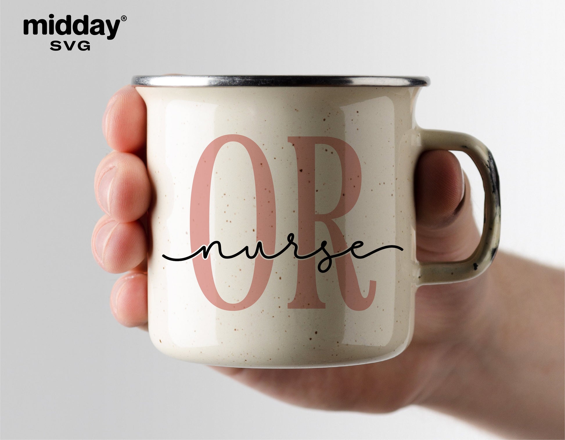 Hand holding a white mug with 'OR Nurse' written in stylish font, ideal for nurse-themed SVG designs, Cricut, and Sublimation projects.