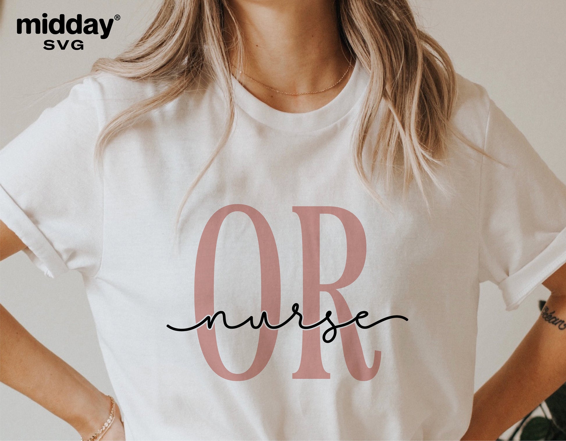 Woman wearing t-shirt with OR Nurse design, ideal for SVG projects, vinyl cutting, and nurse-themed apparel crafts.
