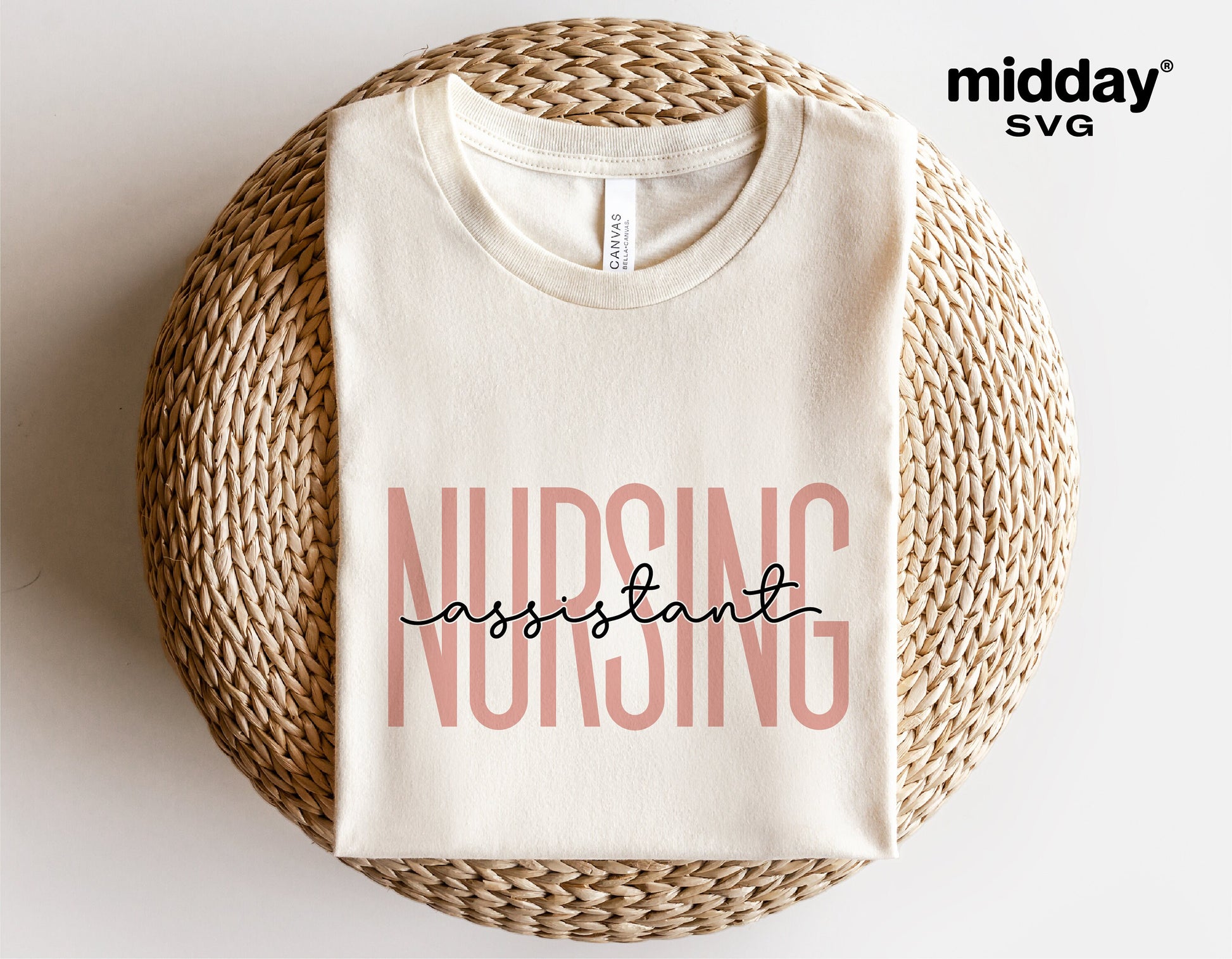 Nursing Assistant shirt SVG design on beige t-shirt for Cricut and Silhouette projects.