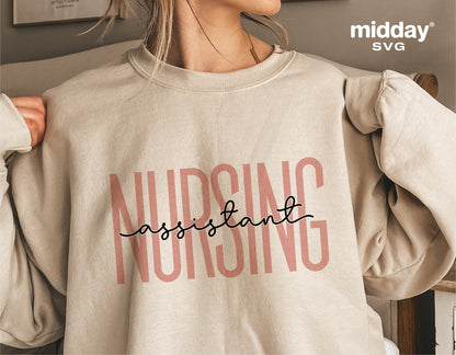 Nursing assistant shirt with modern text design for Cricut and Silhouette projects, ideal for digital download and sublimation.