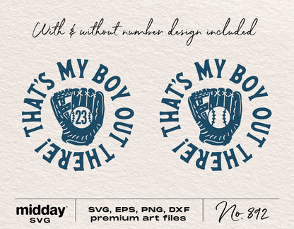 That's My Boy Out There SVG designs with baseball glove graphic, available in SVG, PNG, DXF, and EPS for Cricut and Silhouette.