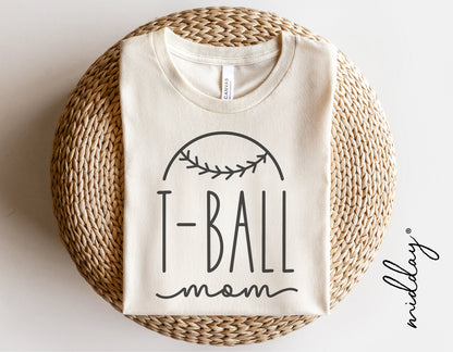 T-Ball Mom shirt with baseball design, perfect for moms supporting their little athletes, available as SVG and cut files.