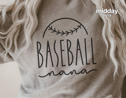 Gray sweatshirt with 'Baseball Nana' SVG design in black text, suitable for Cricut and Silhouette projects.