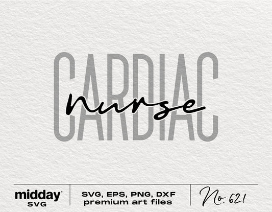 Cardiac Nurse SVG art file for Cricut and Silhouette with bold and cursive text design, available in SVG, EPS, PNG, and DXF formats.