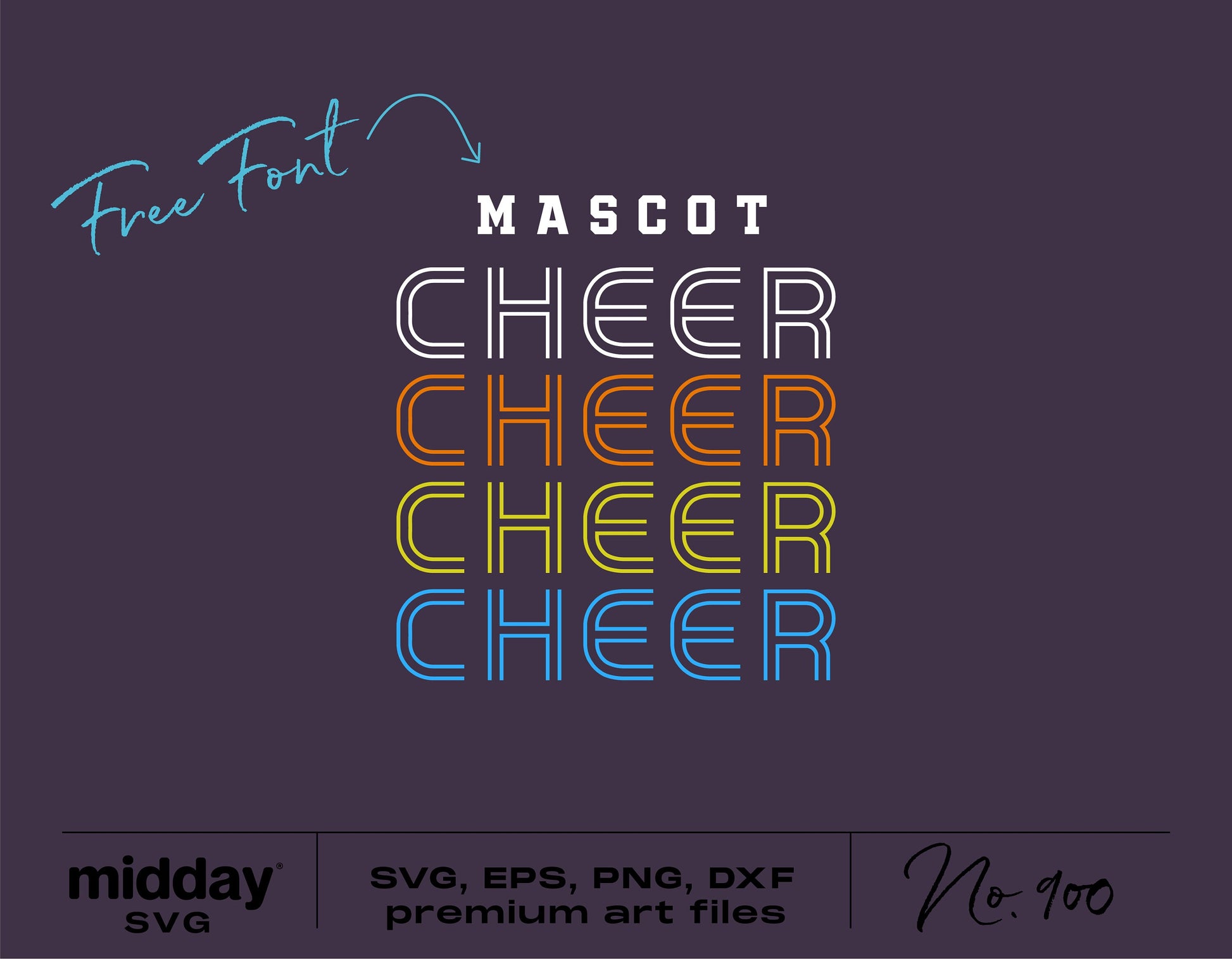 Retro Cheer SVG design with colorful text, featuring free font and available in SVG, EPS, PNG, DXF formats for Cricut and Silhouette projects.