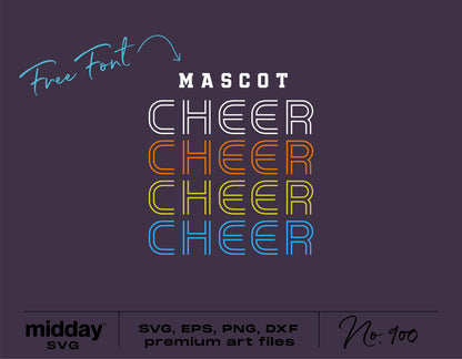 Retro Cheer SVG design with colorful text, featuring free font and available in SVG, EPS, PNG, DXF formats for Cricut and Silhouette projects.