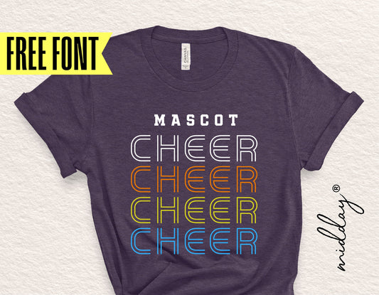 Retro cheerleader shirt with multi-colored text design, featuring 'FREE FONT' offer for Cricut and Silhouette crafting.