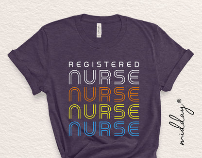 Retro Registered Nurse shirt design with colorful text, perfect for RN gifts, available in SVG, PNG, and Cricut cut files.
