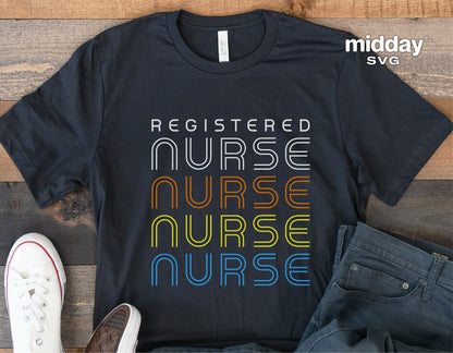 Black t-shirt with retro "Registered Nurse" design in multicolored text, paired with jeans and sneakers, ideal for male nurses.