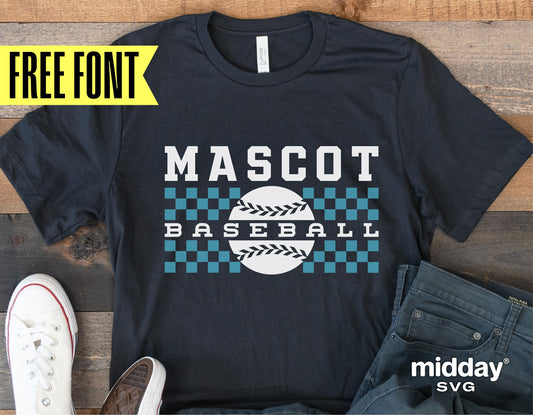 Checkered baseball team SVG design on black t-shirt with free font offer, perfect for Cricut and Silhouette cutting projects.