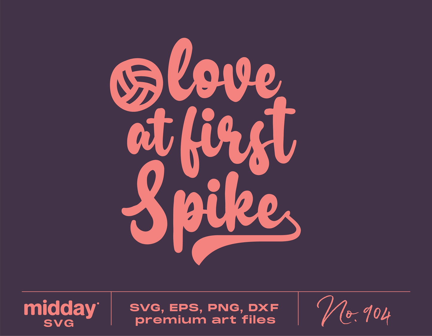 Love At First Spike volleyball design in SVG format with pink text and volleyball icon, perfect for Cricut and Silhouette projects.