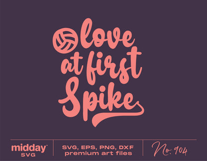 Love At First Spike volleyball design in SVG format with pink text and volleyball icon, perfect for Cricut and Silhouette projects.