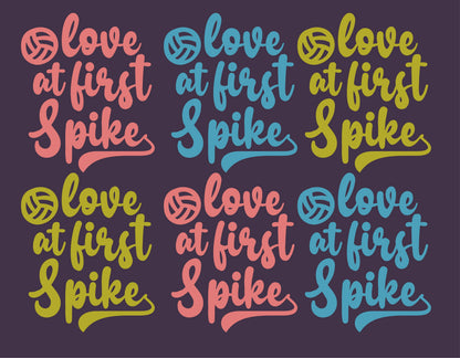 Colorful 'Love at First Spike' volleyball SVG design in pink, blue, and yellow, perfect for Cricut and Silhouette projects.