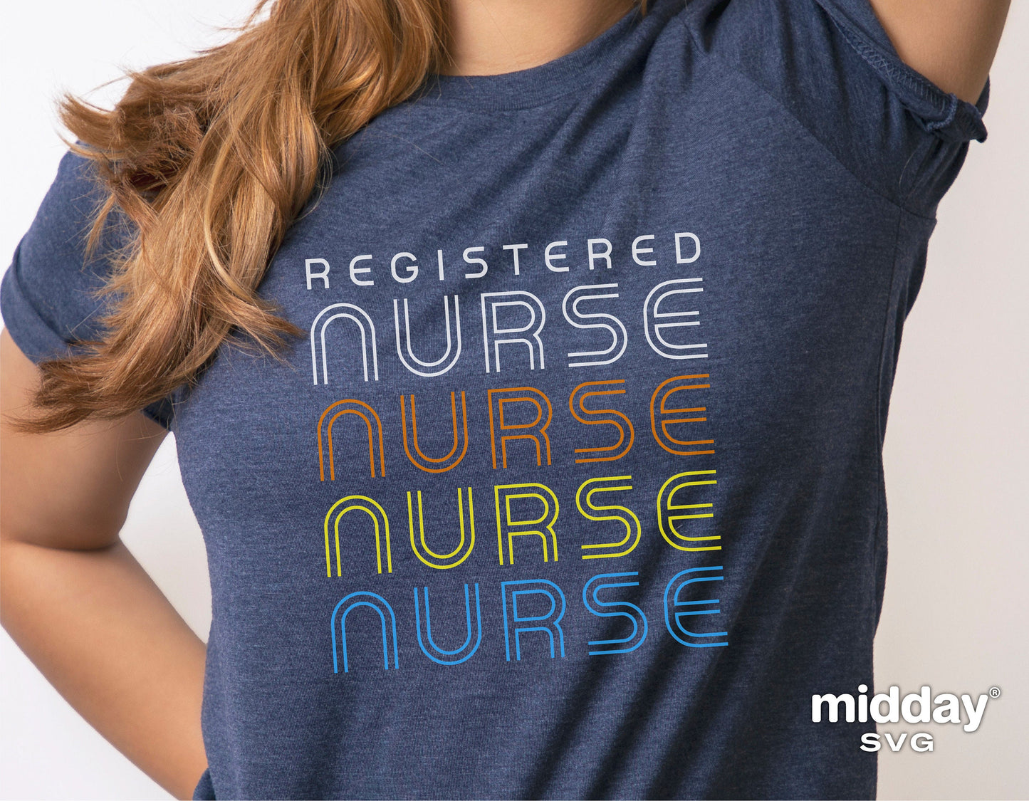 Person wearing a navy shirt with retro 'Registered Nurse' design in colorful text.