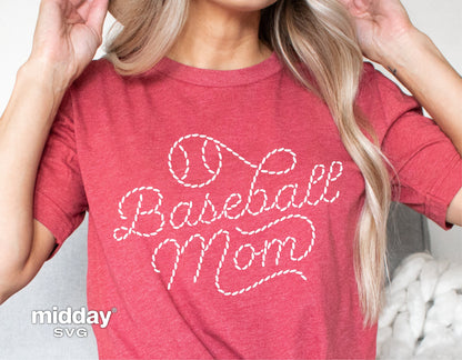 Woman wearing red shirt with 'Baseball Mom' stitching design, ideal for Cricut and Silhouette projects.