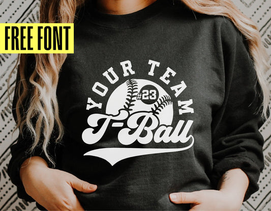 Black T-shirt with custom T-Ball team design template, includes free font offer for Cricut and Silhouette, suitable for personalized crafts.