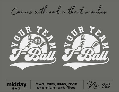 Customizable T-Ball team design SVG template with baseball graphics, suitable for Cricut, Silhouette, and digital downloads.