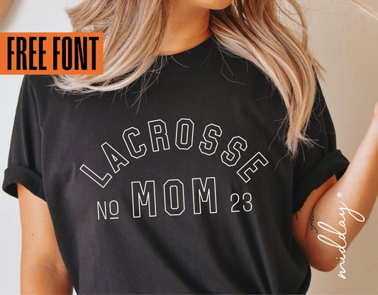 Black lacrosse mom shirt with custom typography design on woman, free font offer included.