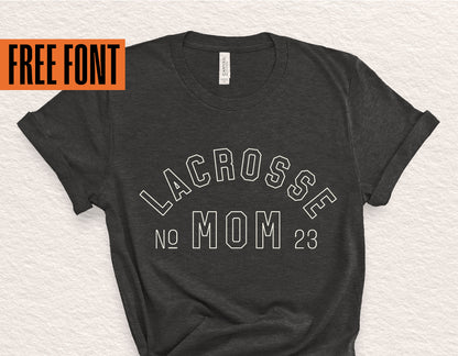 Black Lacrosse Mom T-shirt with "Free Font" promo, featuring bold white text design for moms of lacrosse players.