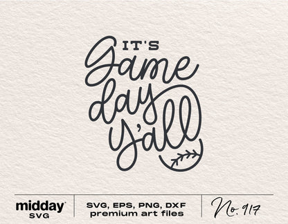 Digital design reading 'It's Game Day Y'all' with baseball stitches, available in SVG, PNG, EPS, and DXF formats for Cricut and Silhouette.