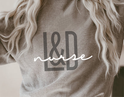 Gray L&D Nurse shirt design with white script text, suitable for digital downloads and crafting projects.