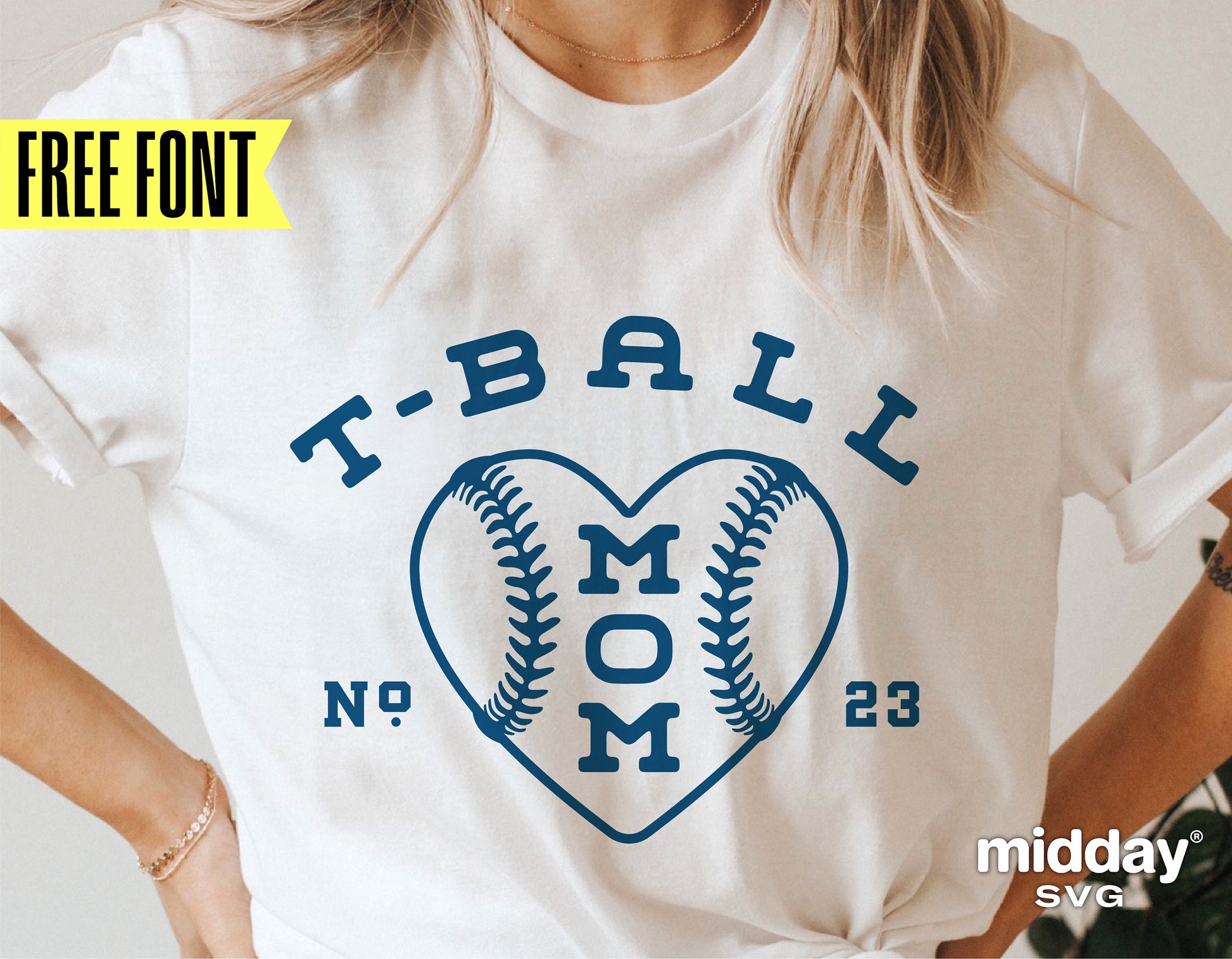 Woman wearing a T-ball Mom shirt with heart design, perfect for Cricut and Silhouette crafts, available in SVG, PNG, EPS, and DXF formats.