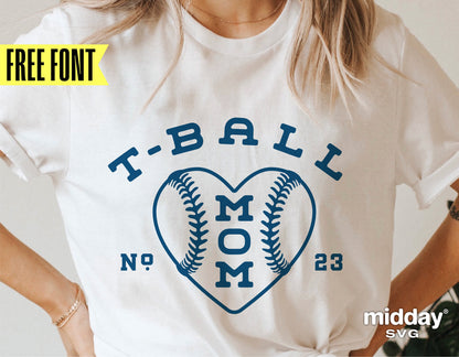 Woman wearing a T-ball Mom shirt with heart design, perfect for Cricut and Silhouette crafts, available in SVG, PNG, EPS, and DXF formats.