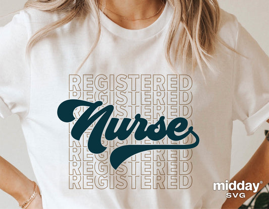 White t-shirt with 'Registered Nurse' design in bold teal letters, ideal for nurse gifts, compatible with Cricut and Silhouette.
