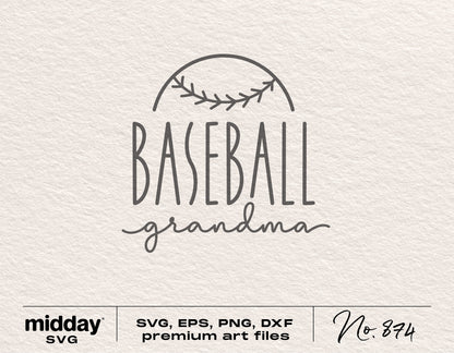 "Baseball Grandma" SVG design for Cricut and Silhouette, ideal for shirts, tumblers, and sublimation projects. Includes SVG, PNG, DXF, EPS.