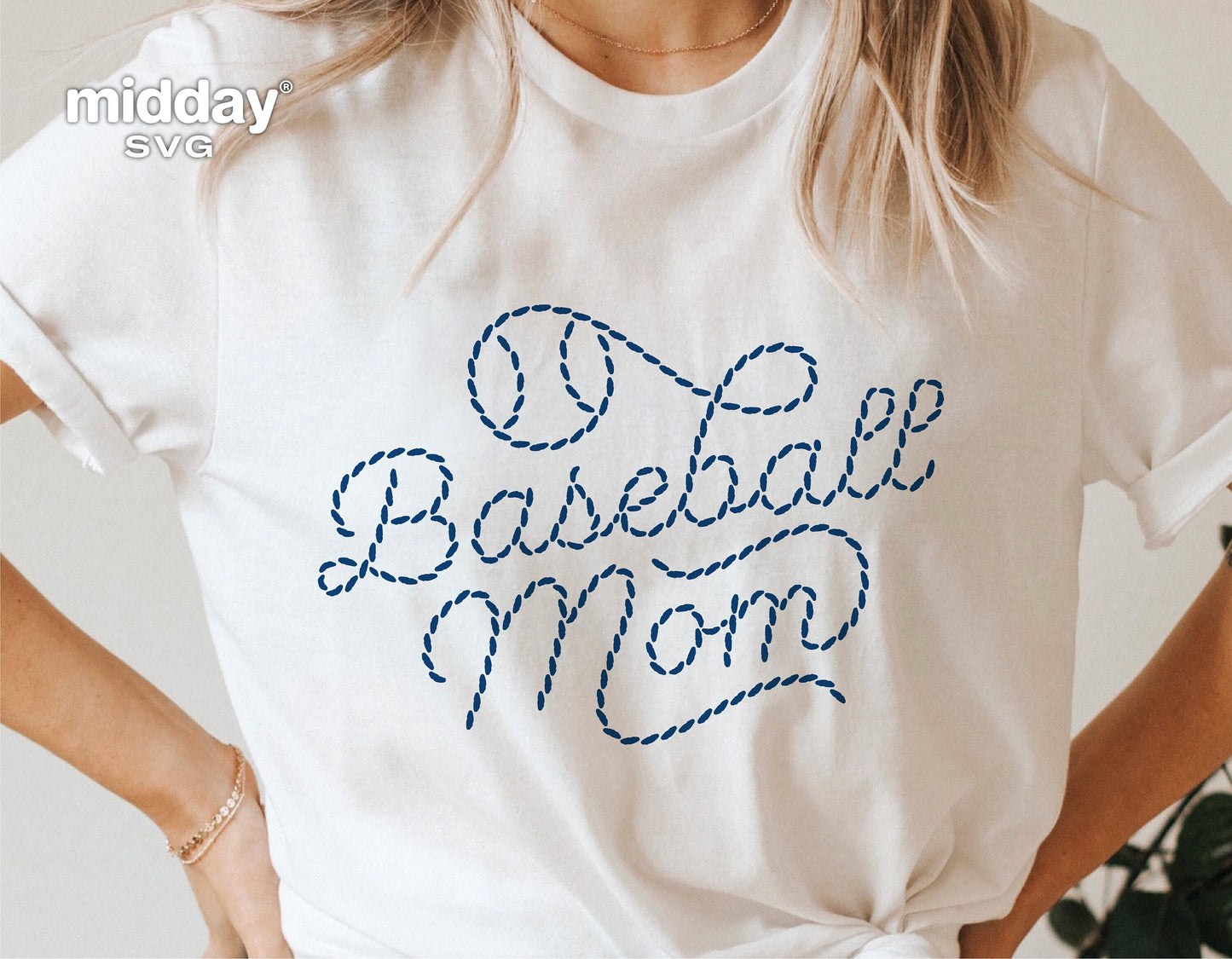 White t-shirt with blue 'Baseball Mom' stitching design, perfect for shirts, tumblers, and hoodies. Ideal for Cricut and Silhouette projects.