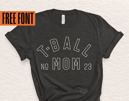Black t-shirt with 'T-Ball Mom No. 23' design, highlighting free font text, perfect for Cricut and Silhouette crafts.